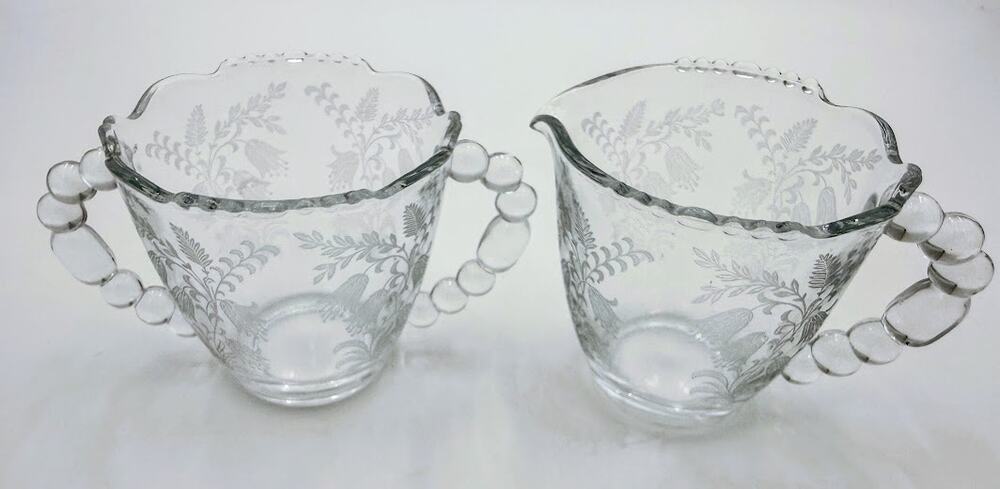 Vintage Tiffin Cherokee Rose Etched Glass Creamer & Sugar Set